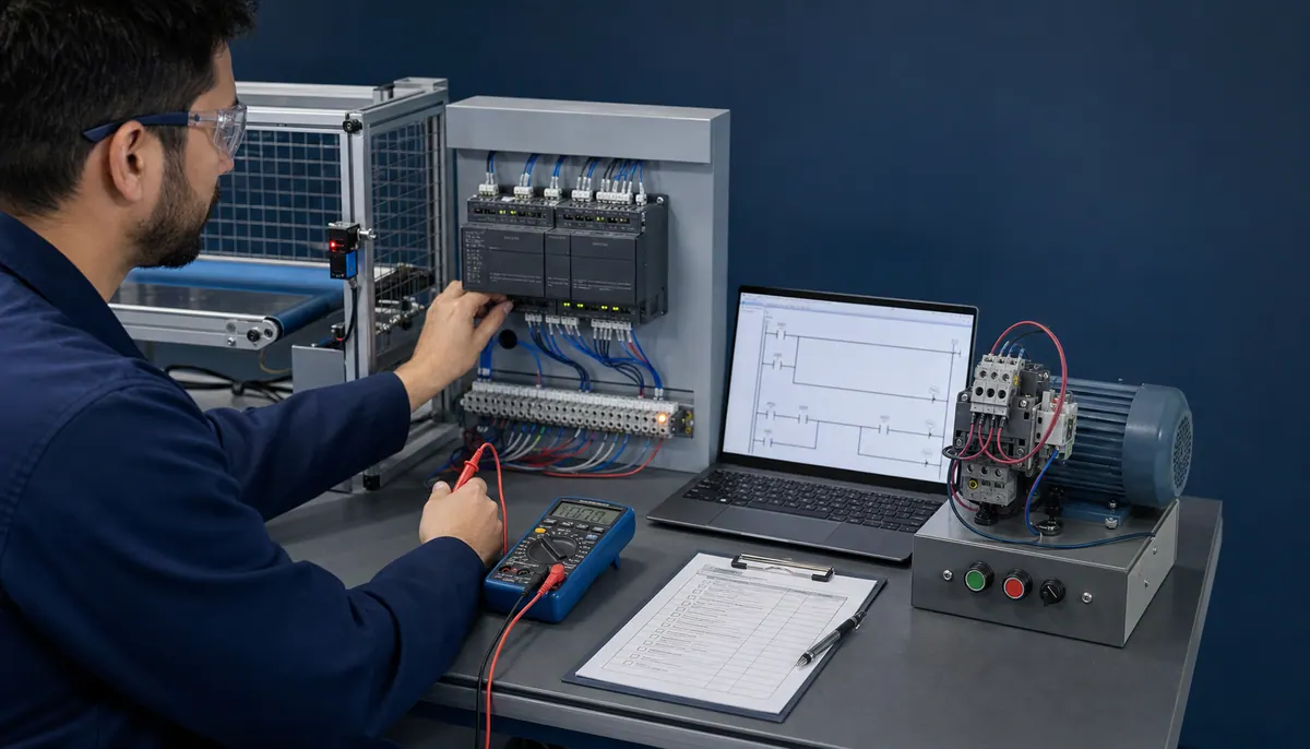 Learner using a multimeter at a PLC training panel with a compact controller, terminal wiring, motor, laptop, and written test sheet
