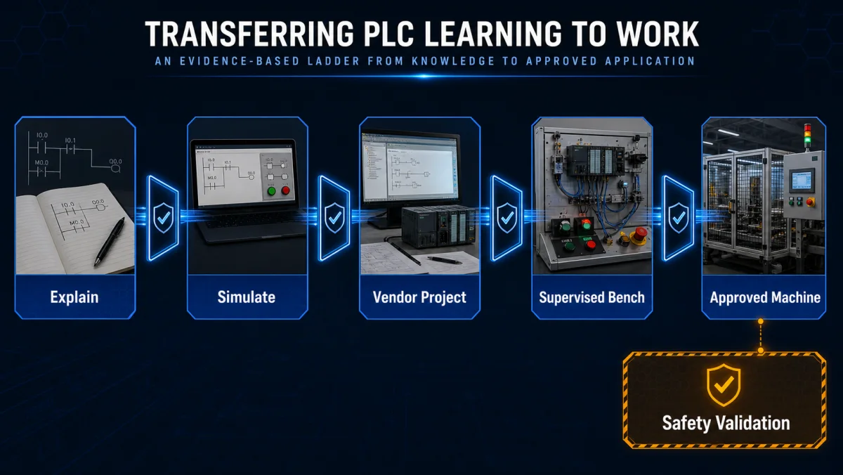 PLC learning transfer evidence ladder from explanation and simulation through vendor project supervised bench and approved machine