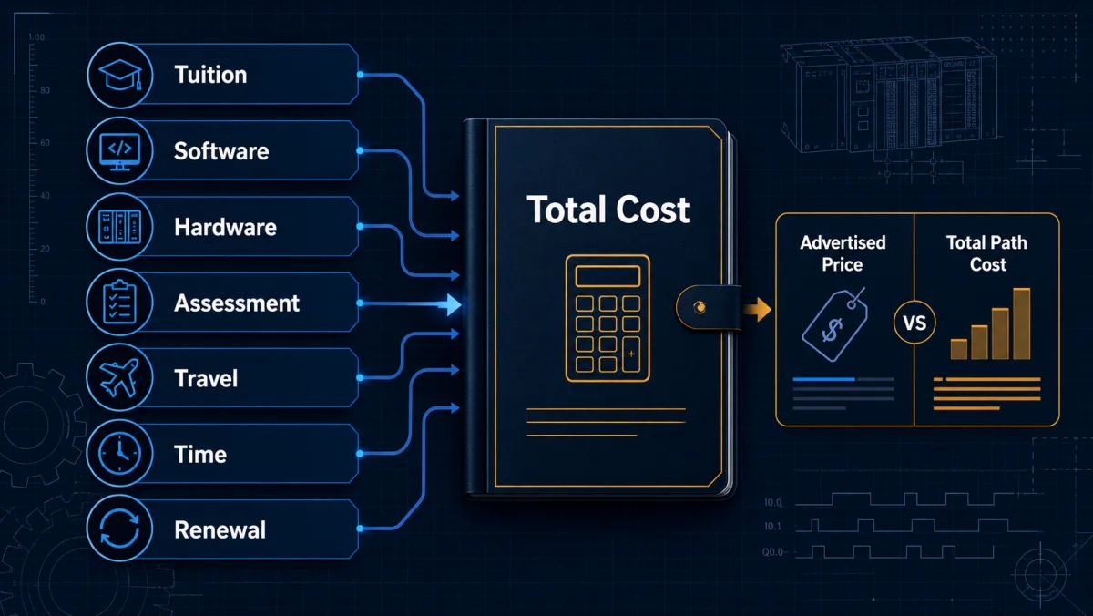 PLC training total path cost ledger combining tuition software hardware assessment travel time and renewal