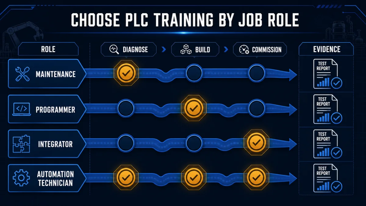 PLC training role matrix for maintenance programmers integrators and automation technicians across diagnose build and commission skills