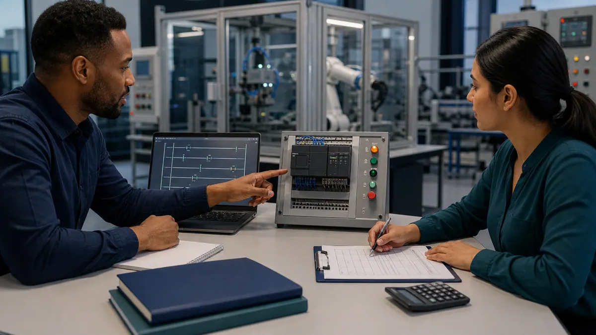 PLC instructor and learner comparing browser logic practice, a guarded low-voltage training panel and a written course-evaluation checklist