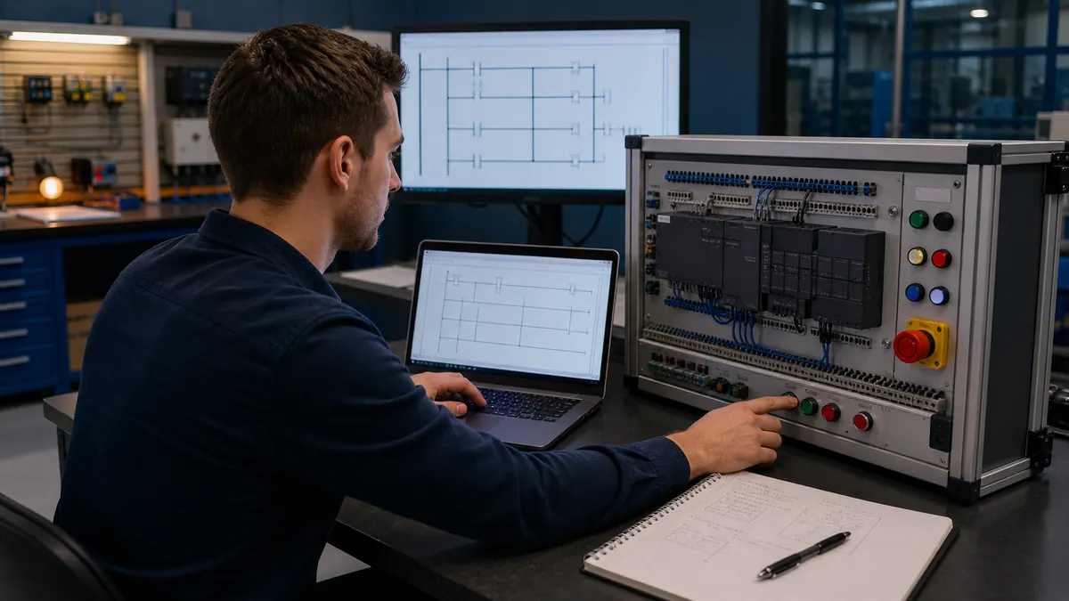 Controls learner testing ladder logic on an unbranded low-voltage PLC training panel beside a laptop in an industrial automation lab