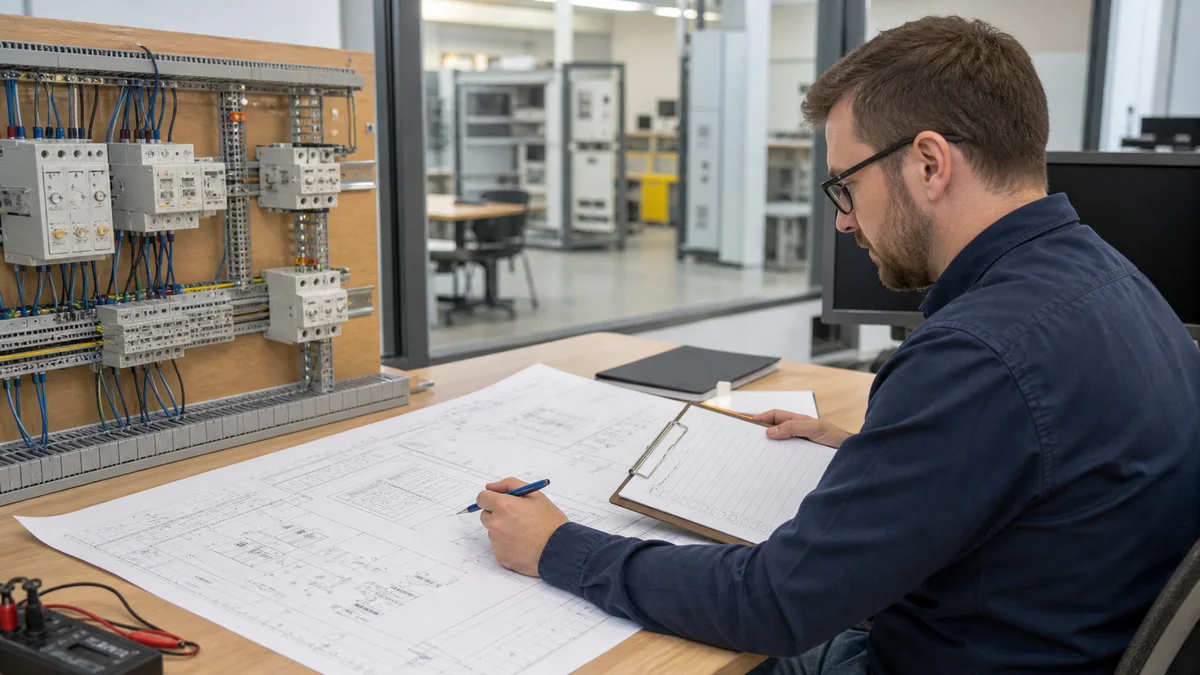 Electrical designer checking a printed control schematic against a de-energized DIN-rail training panel and test checklist
