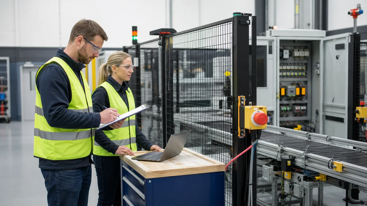 Two engineers documenting an emergency-stop validation test beside a guarded conveyor and separate diagnostic workstation