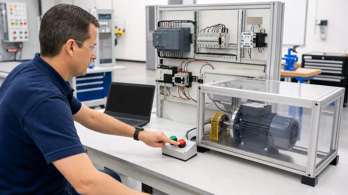 Automation technician testing separate start and stop pushbuttons on a guarded motor and generic PLC training bench