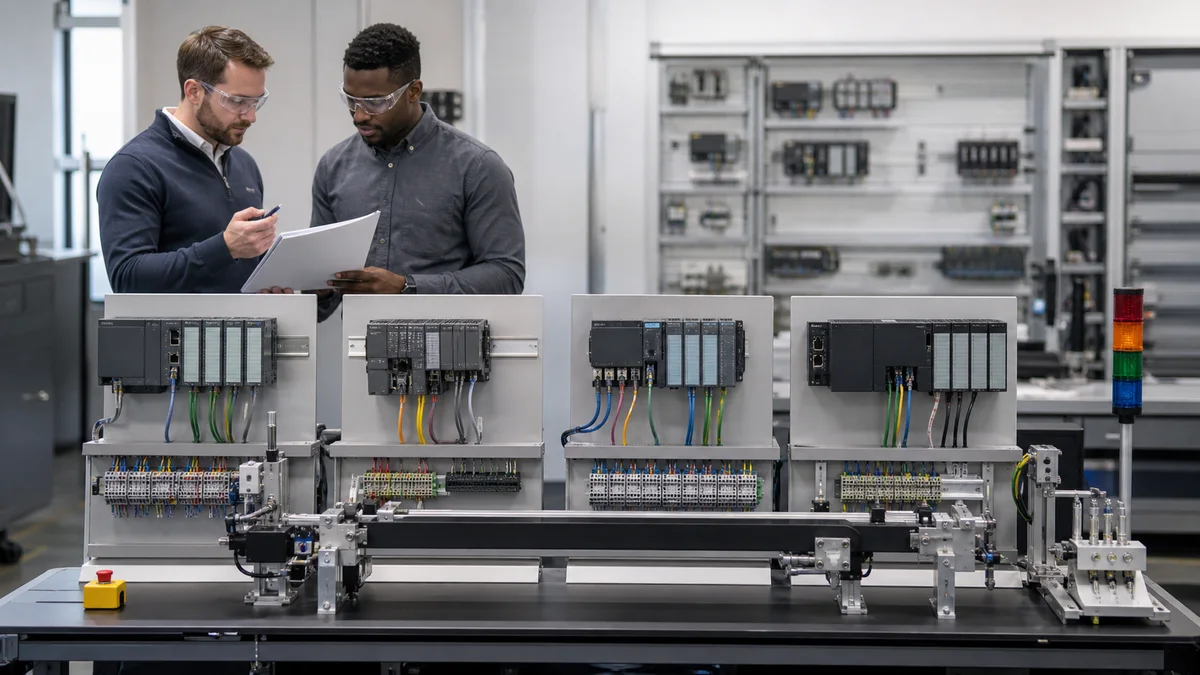 Two engineers comparing four unbranded PLC hardware families against the same conveyor and I/O evaluation fixture