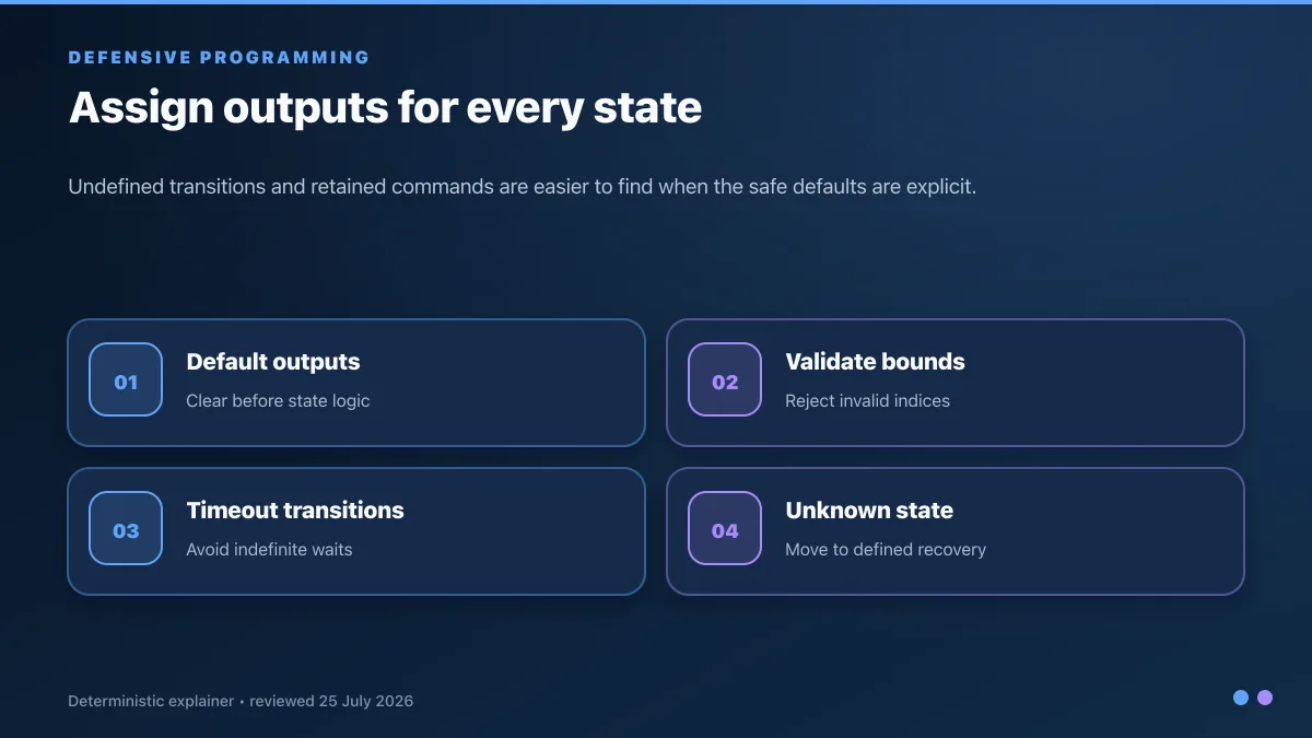 Defensive Structured Text checklist for explicit output defaults, bound checks, transition timeouts and unknown-state recovery