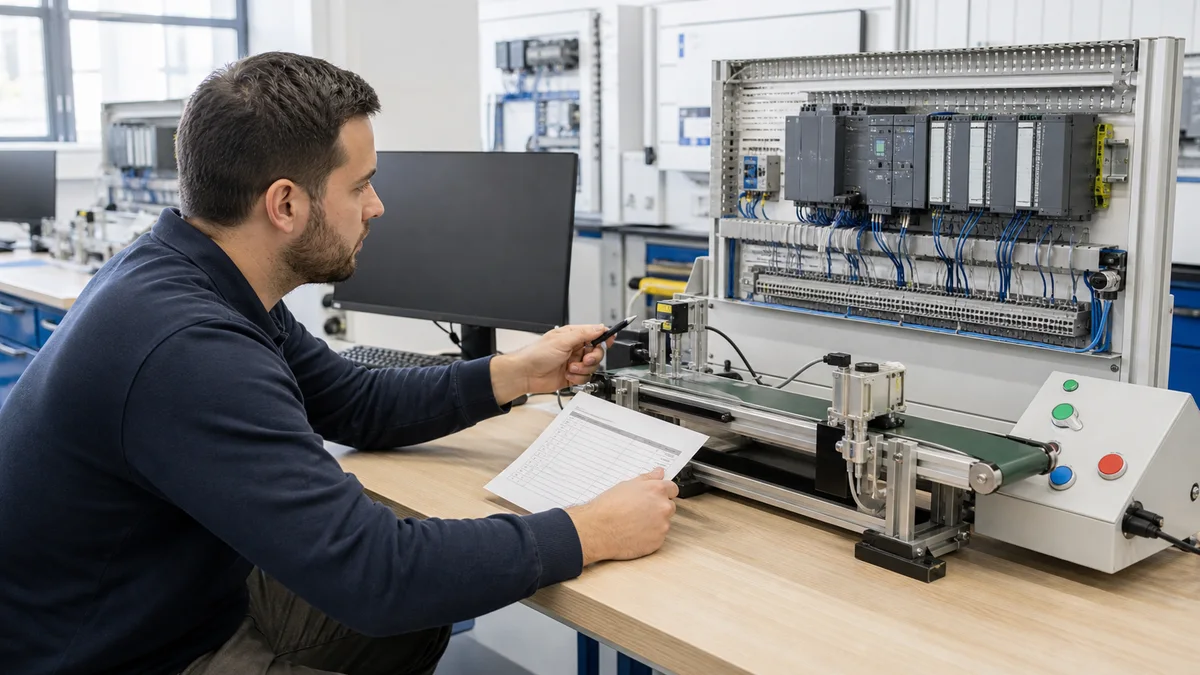 Automation engineer tracing sensor and actuator states on a generic PLC conveyor training bench with a blank monitor