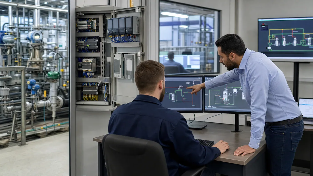 Controls engineers tracing a signal between field equipment, a local controller panel and a plant supervisory station