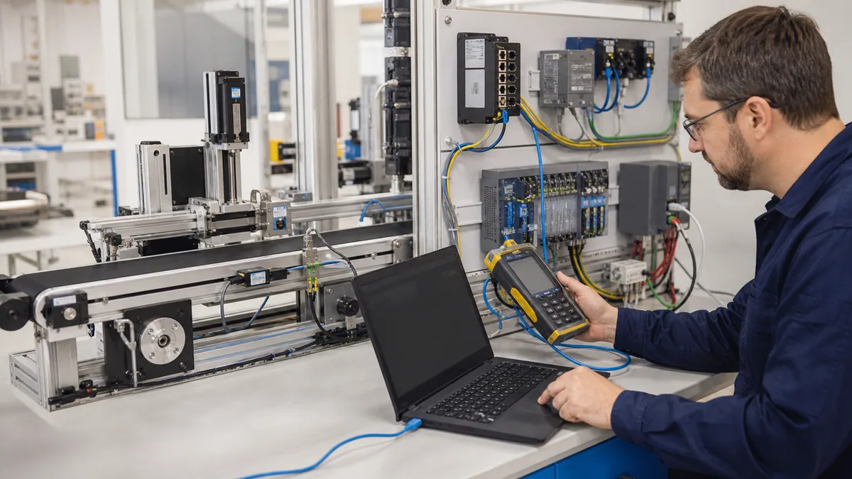 Automation engineer measuring a generic industrial Ethernet motion and remote I O training cell