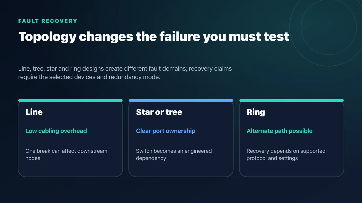Industrial Ethernet line star tree and ring topology recovery comparison with their distinct fault domains