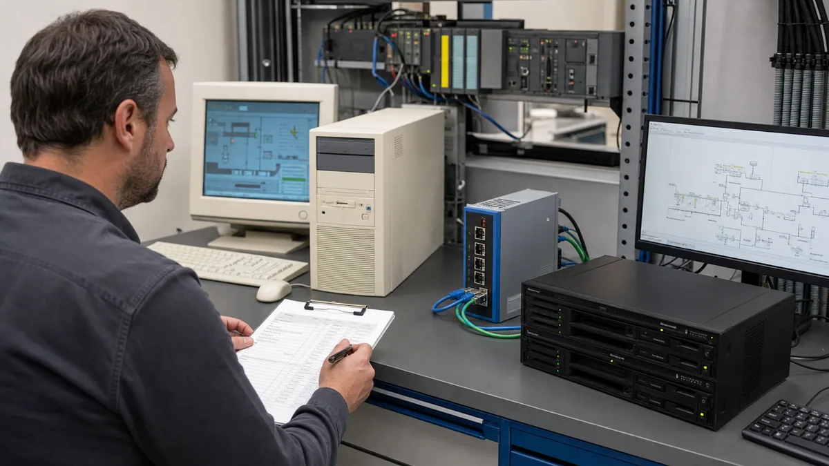 OT engineer validating a legacy OPC DA workstation beside a modern OPC UA gateway and test server