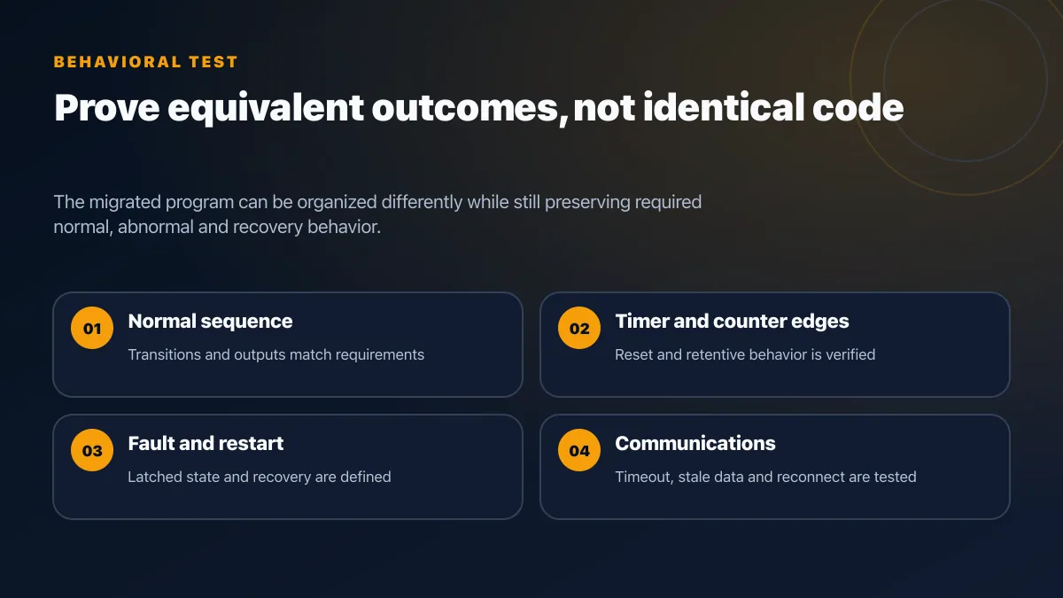 Studio 5000 behavior acceptance matrix covering sequences, timers, counters, restart, faults and communications loss