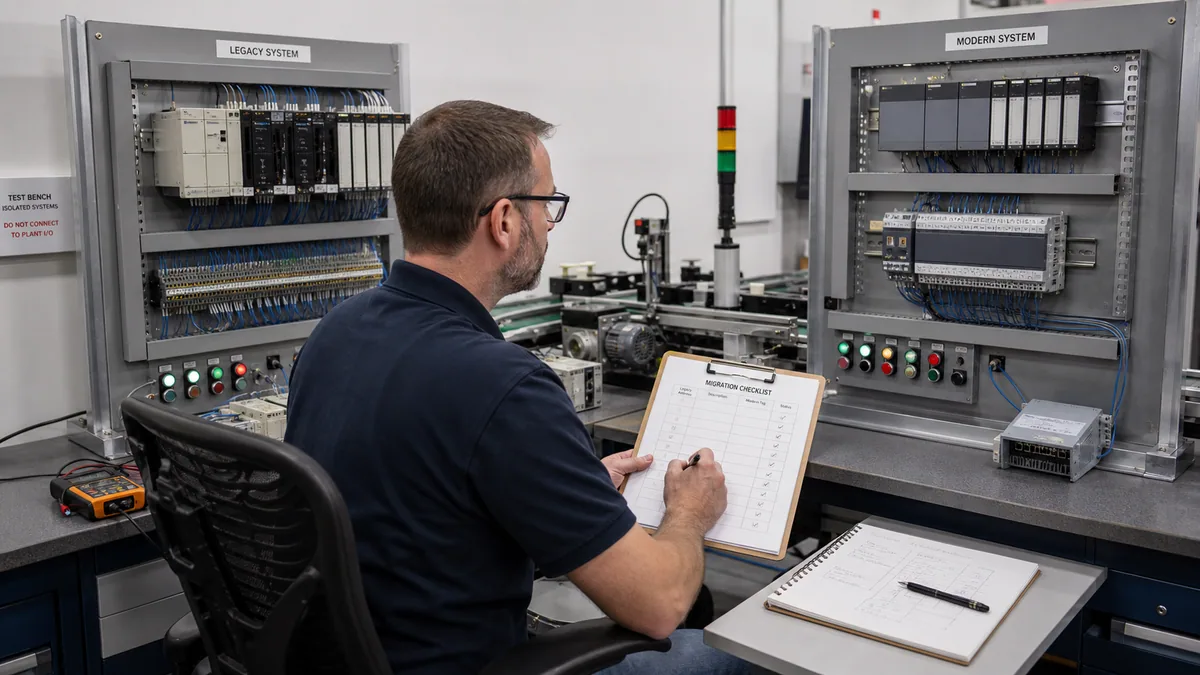 Studio 5000 Logix Designer compatibility bench with controller catalogue, firmware, project version and isolated test rack