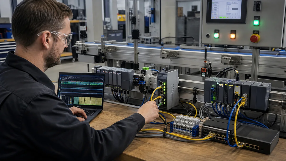 Automation engineer commissioning an industrial protocol gateway between two PLC network segments beside a conveyor test machine