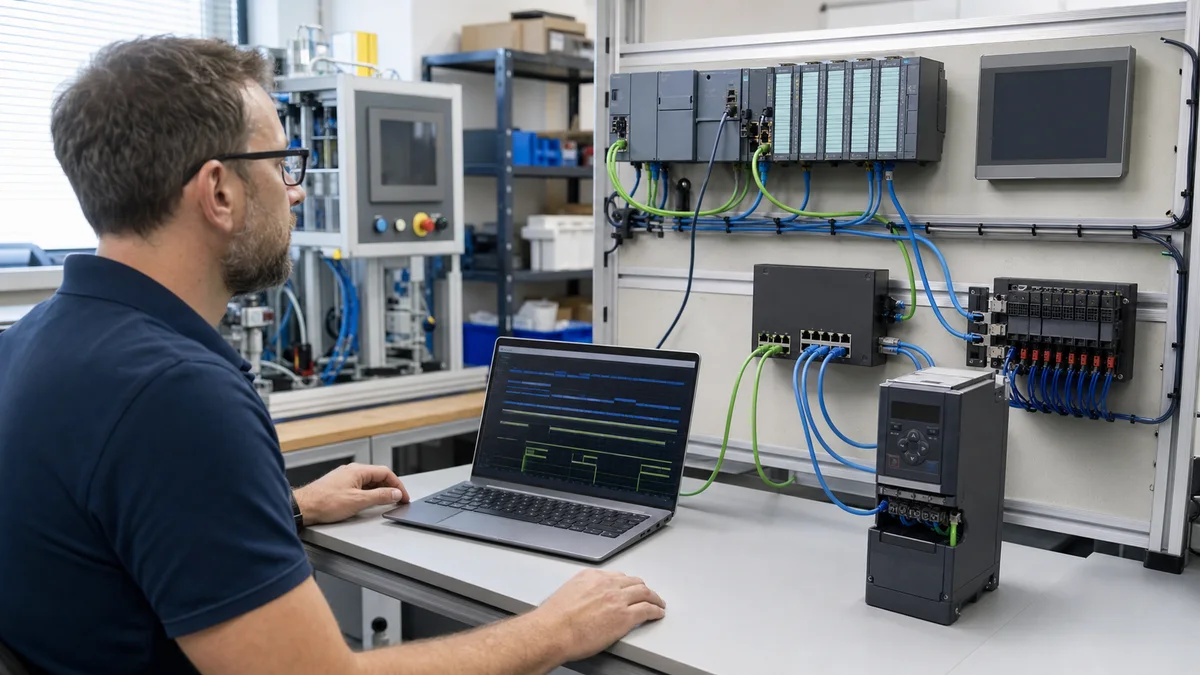 Controls engineer comparing two industrial Ethernet communication designs at a PLC, remote I O, drive and managed-switch workbench