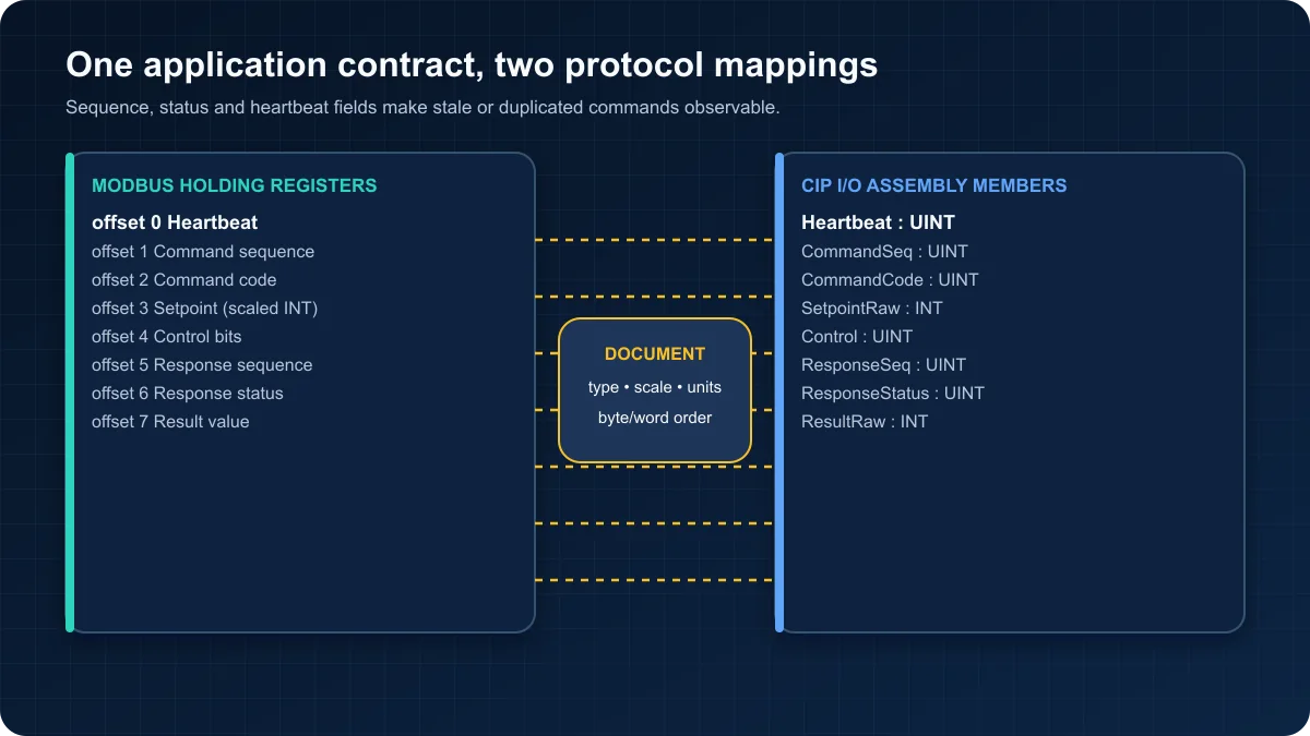 Application contract mapping heartbeat sequence command setpoint and response fields between Modbus holding registers and a CIP I O assembly