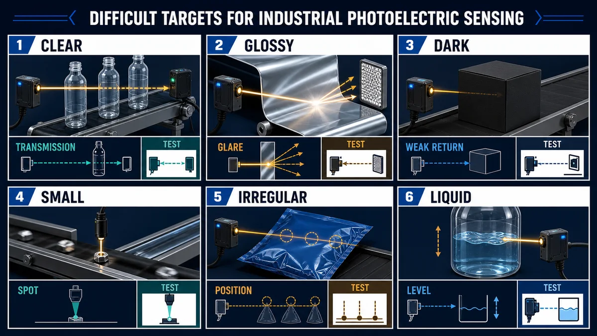 Photoelectric sensing test matrix for clear glossy dark small irregular and liquid targets on industrial conveyors