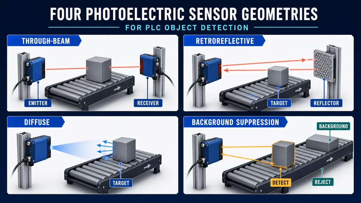 Through-beam retroreflective diffuse and background-suppression photoelectric sensor geometries around a conveyor target
