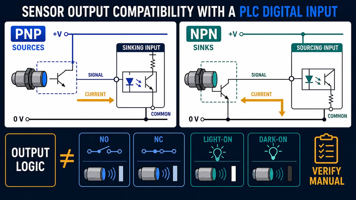 PNP sensor sourcing current to a PLC sinking input and NPN sensor sinking current from a PLC sourcing input with output logic shown separately