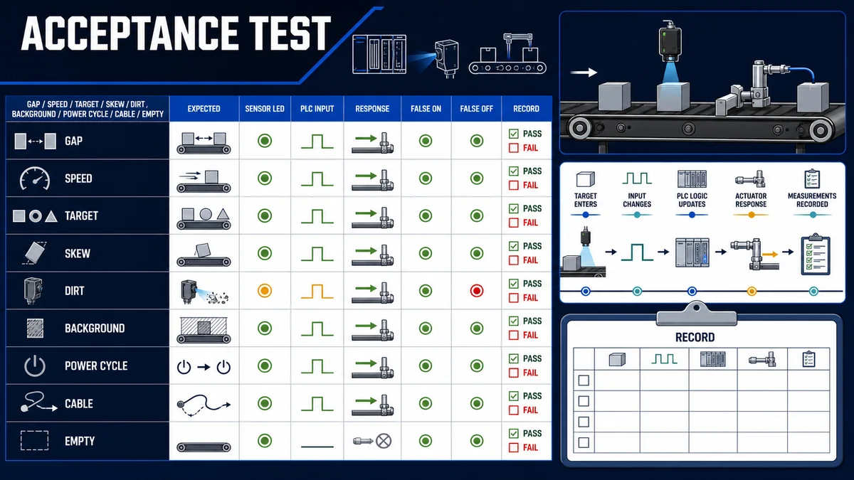 Sensor acceptance test matrix covering gap speed target skew contamination background power cycle cable empty conveyor and recorded PLC response
