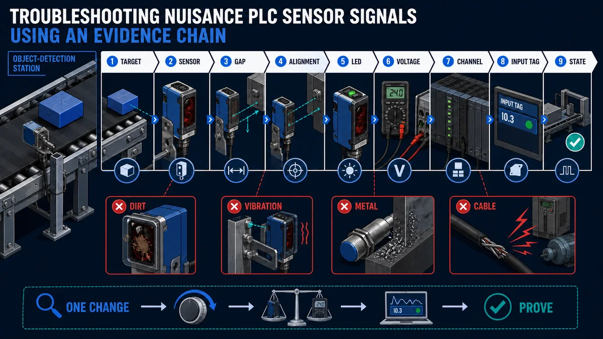 PLC sensor troubleshooting evidence chain from target sensor gap alignment LED and terminal voltage through input channel tag and machine state with contamination vibration metal and cable faults
