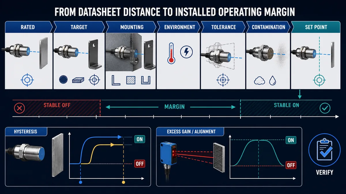 Engineering path from sensor rated distance through target mounting environment tolerance and contamination to an installed set point with stable margin