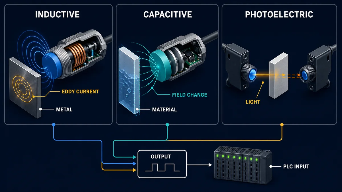 Cutaway comparison of inductive eddy-current sensing capacitive field-change sensing and photoelectric beam sensing feeding a PLC input