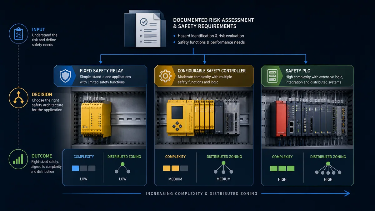 Decision framework comparing a fixed safety relay, configurable safety controller and safety PLC after risk assessment