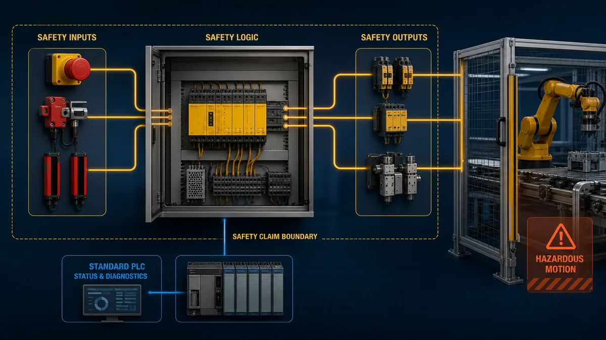 Safety function architecture with safety inputs, certified safety logic, safety outputs and a separate standard PLC diagnostics path