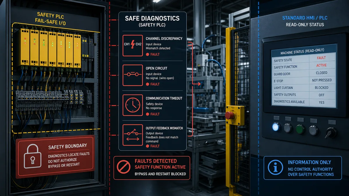 Safety PLC diagnostic boundary showing channel discrepancy, open circuit, communication timeout and output feedback mismatch with read-only HMI status