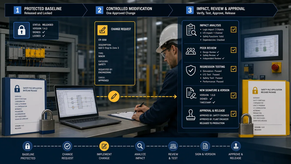 Managed safety PLC change from protected baseline through impact analysis, review, regression test and a new approved signature