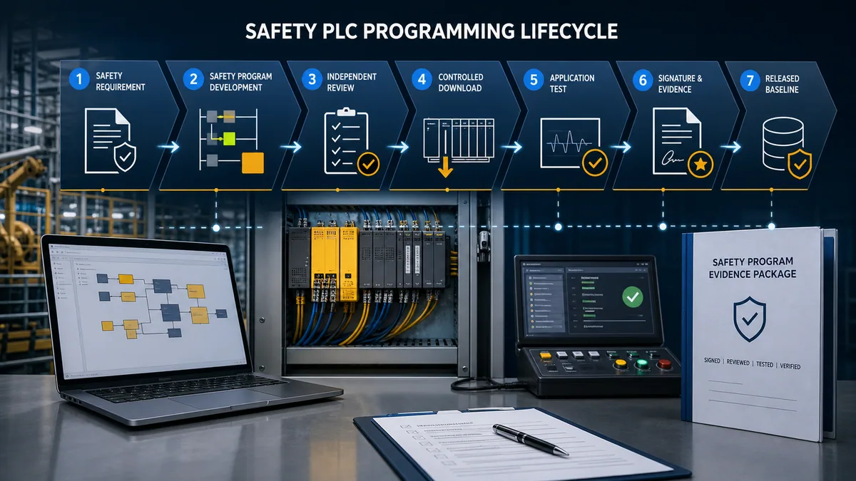 Safety PLC programming lifecycle from requirement and development through review, download, testing, signature and released baseline