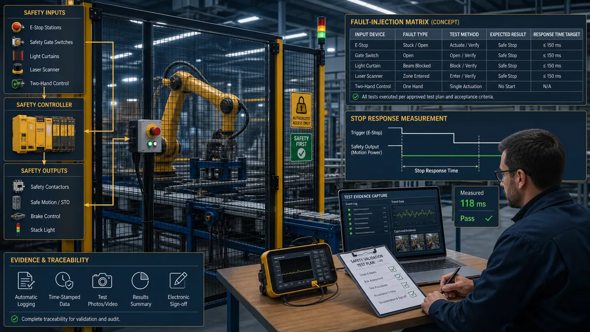 Conceptual safety PLC validation lab with a guarded robot cell, test plan, fault matrix and stop-response measurement