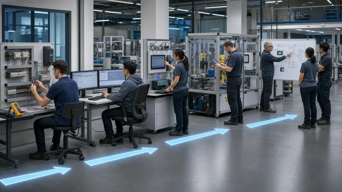 Progressive automation work from electrical troubleshooting and PLC programming through HMI networking, machine commissioning, and senior architecture mentoring.