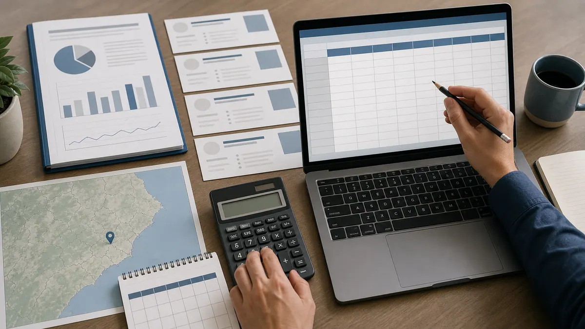 Researcher comparing official wage data, anonymized local job postings, a regional map, reference date, and a blank salary comparison spreadsheet.