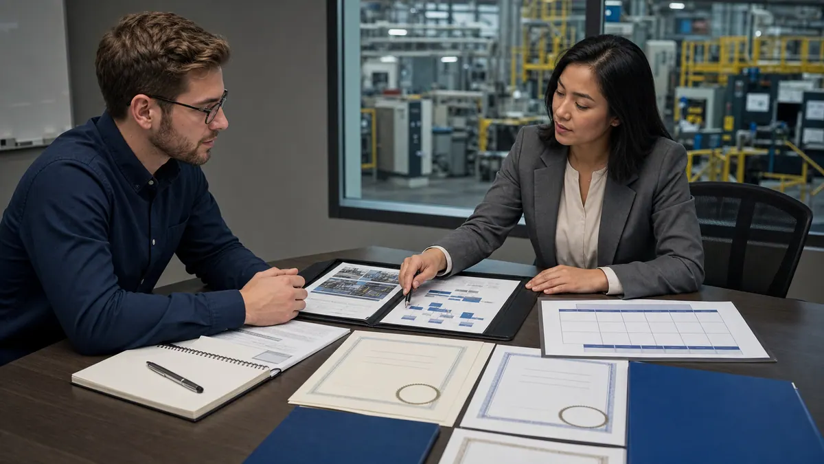 Automation candidate and hiring manager reviewing role scope, engineering portfolio, regional evidence, training records, and a total-compensation comparison sheet.