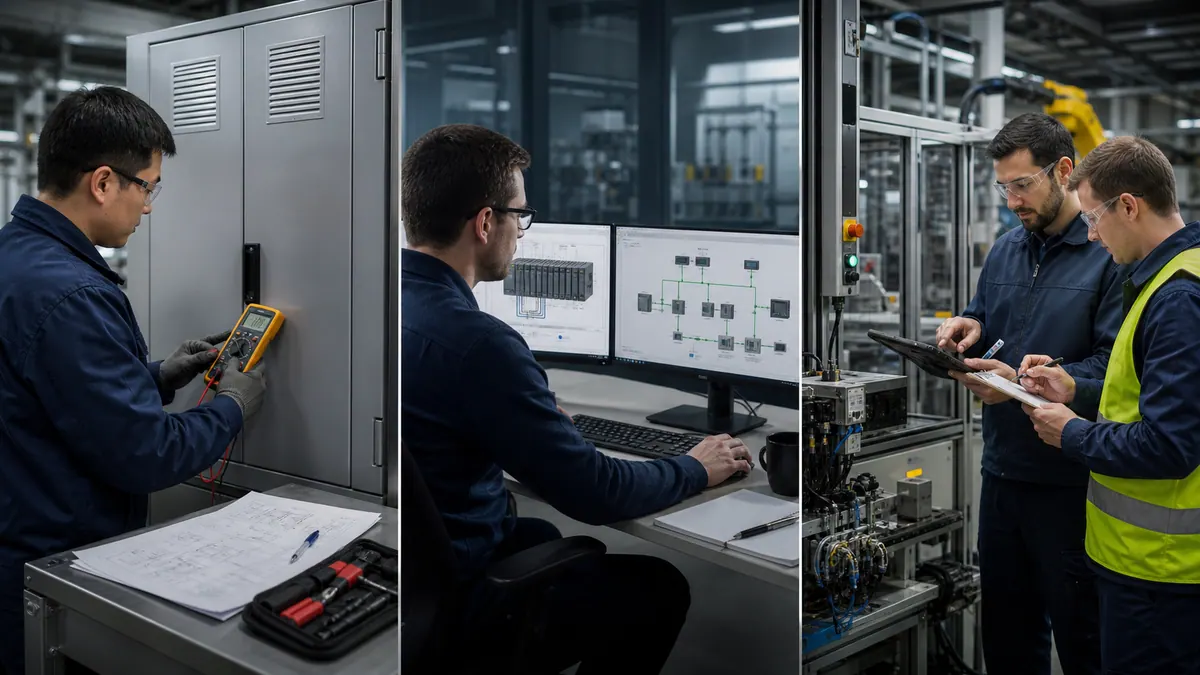 Three PLC work contexts showing a technician troubleshooting a control cabinet, an engineer designing automation architecture, and a commissioning team validating a machine cell.
