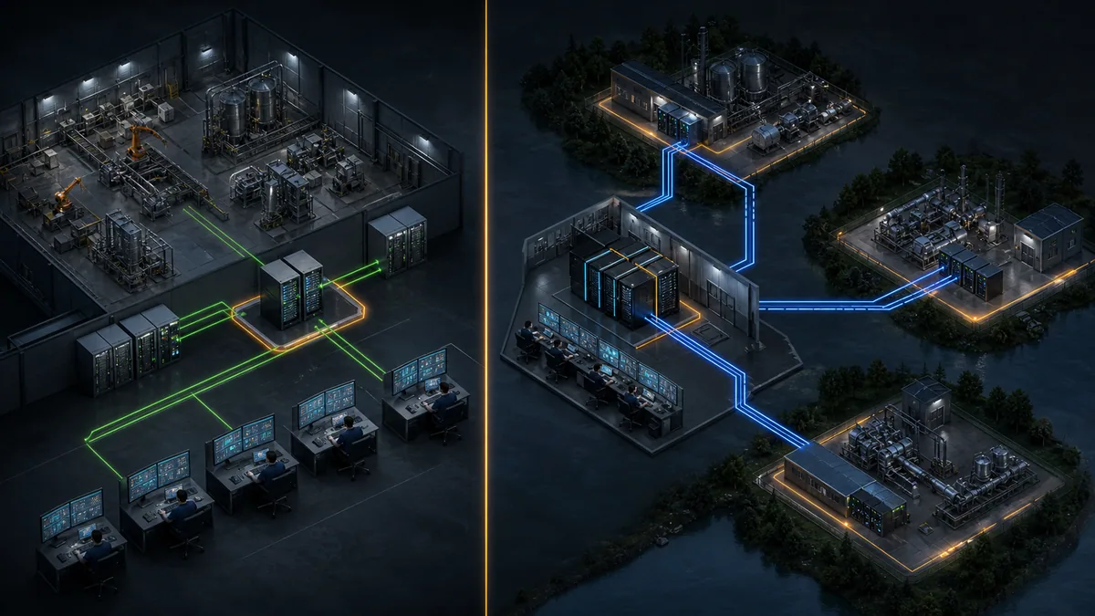 Centralized single-site SCADA topology compared with distributed remote sites connected to a central operations center.