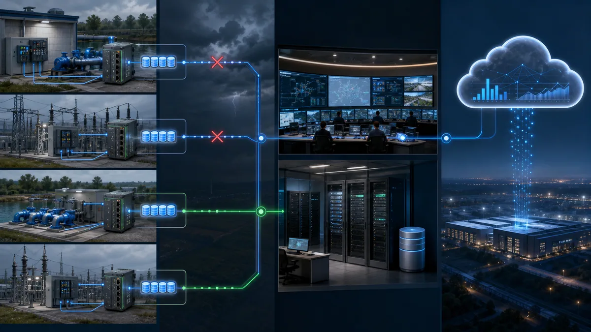 Hybrid SCADA architecture with autonomous remote PLC and RTU sites, edge buffers, central operations, historian and bounded cloud analytics during a WAN outage.