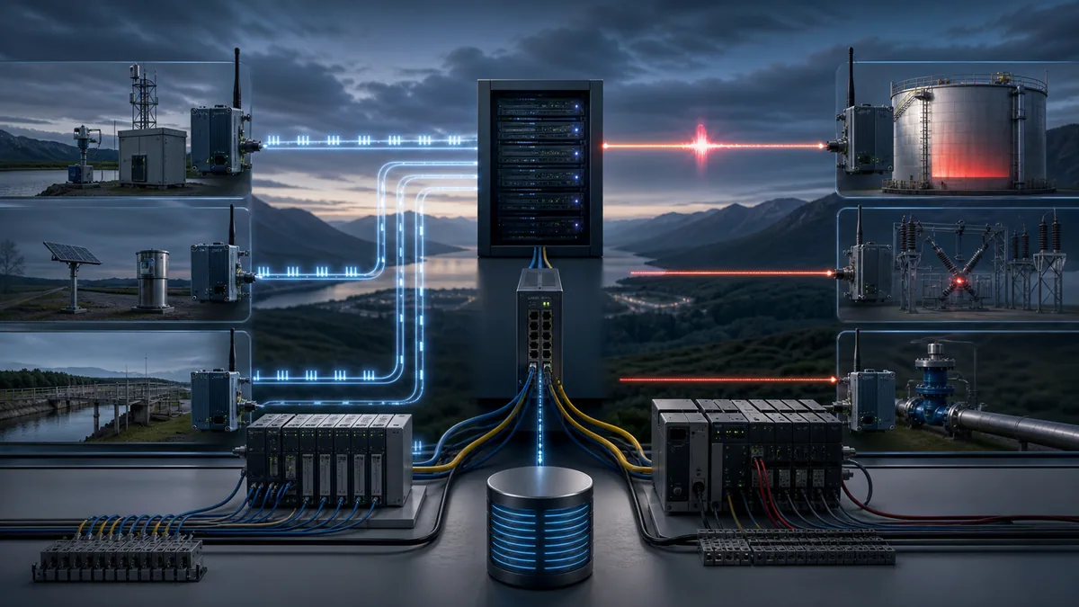 Remote SCADA telemetry paths comparing regular master polling with event-driven reports from PLC and RTU sites.