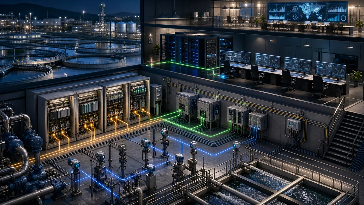 Layered SCADA architecture connecting instruments and actuators to PLC cabinets, supervisory servers, historian storage and operator workstations.