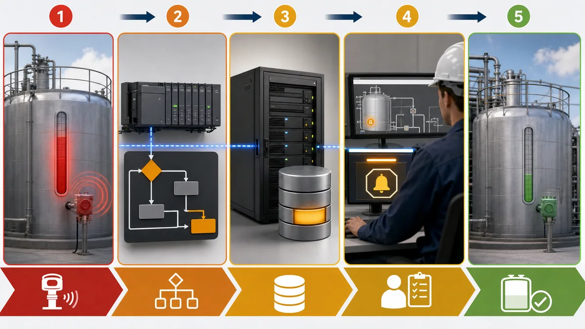 Five-stage SCADA alarm lifecycle showing detection, annunciation, operator acknowledgement, process return to normal, and auditable closure