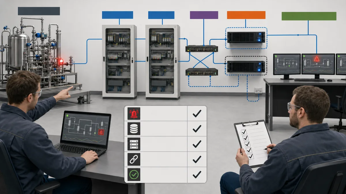 Isolated SCADA commissioning lab with controller, protocol gateway, operator workstation, historian, network controls, and documented failure-test evidence