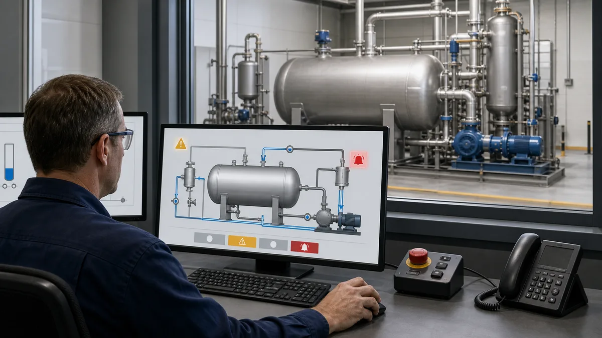 Vendor-neutral SCADA tank overview with restrained process graphics, mode and health status, alarm context, trend access, and guarded operator controls