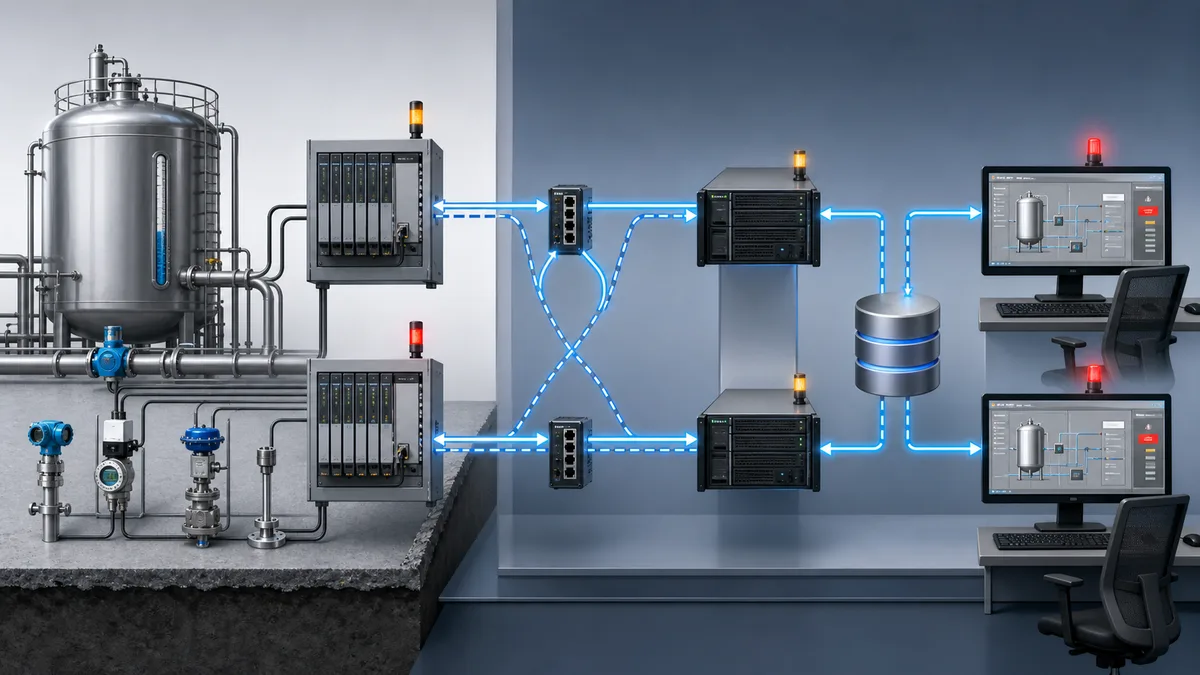 Layered SCADA architecture connecting field instruments and PLC control through an industrial network to gateway, alarm, historian, and operator services