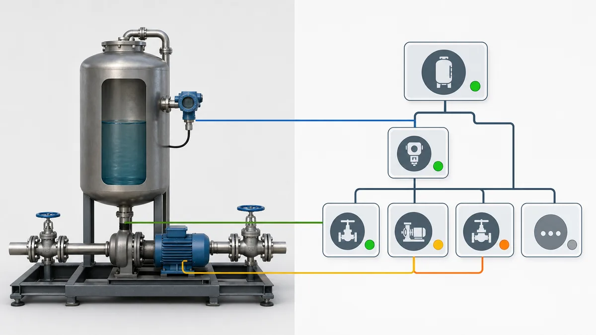 SCADA tank tag model separating process measurement, operator request, PLC command, equipment feedback, alarm state, and communication quality