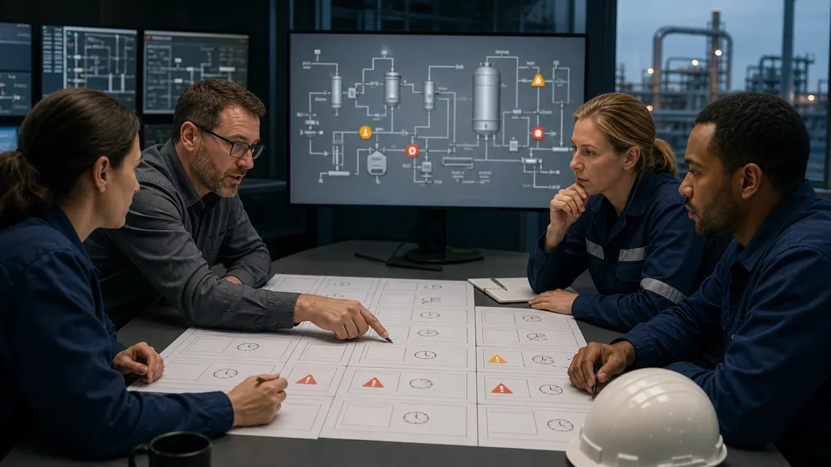 Operations, process, controls, and safety specialists reviewing alarm causes, consequences, operator actions, priorities, and supporting evidence together.