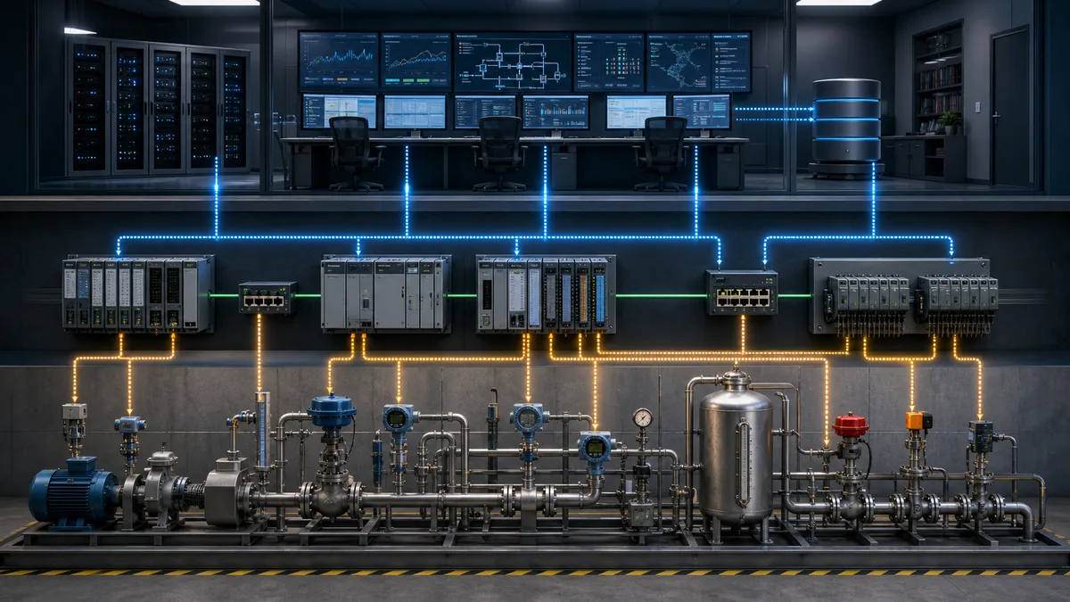 Layered SCADA architecture connecting field instruments to PLC and remote I/O cabinets, industrial networks, redundant servers, historian storage and operator workstations.