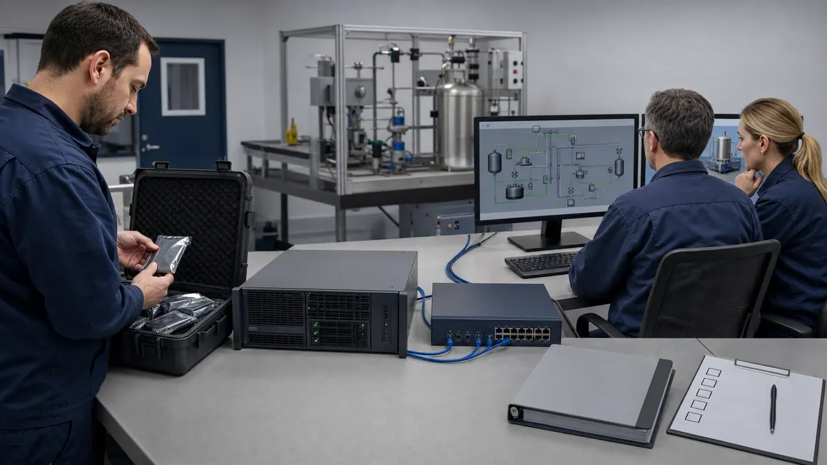 SCADA disaster-recovery drill restoring offline backup media to a clean spare server on an isolated validation network before production use.